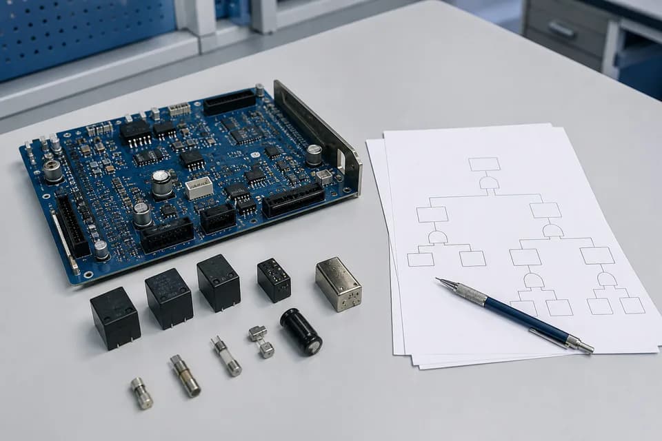 Elektronische Baugruppe neben einer schematischen Fehlerbaumanalyse