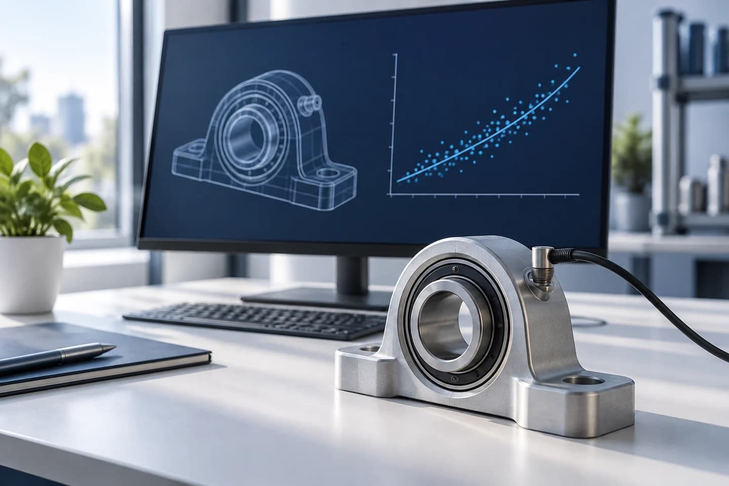 Symbolbild: Bauteil mit Sensor neben CAD-Darstellung und schematischer Datenauswertung