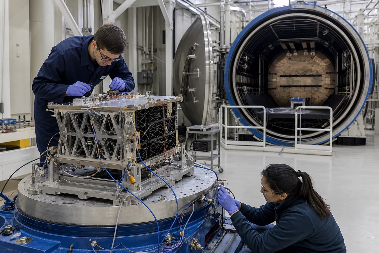Raumfahrtmechanismus zwischen Vibrationsprüfung und Thermal-Vakuum-Kammer mit dargestellten Missionsphasen