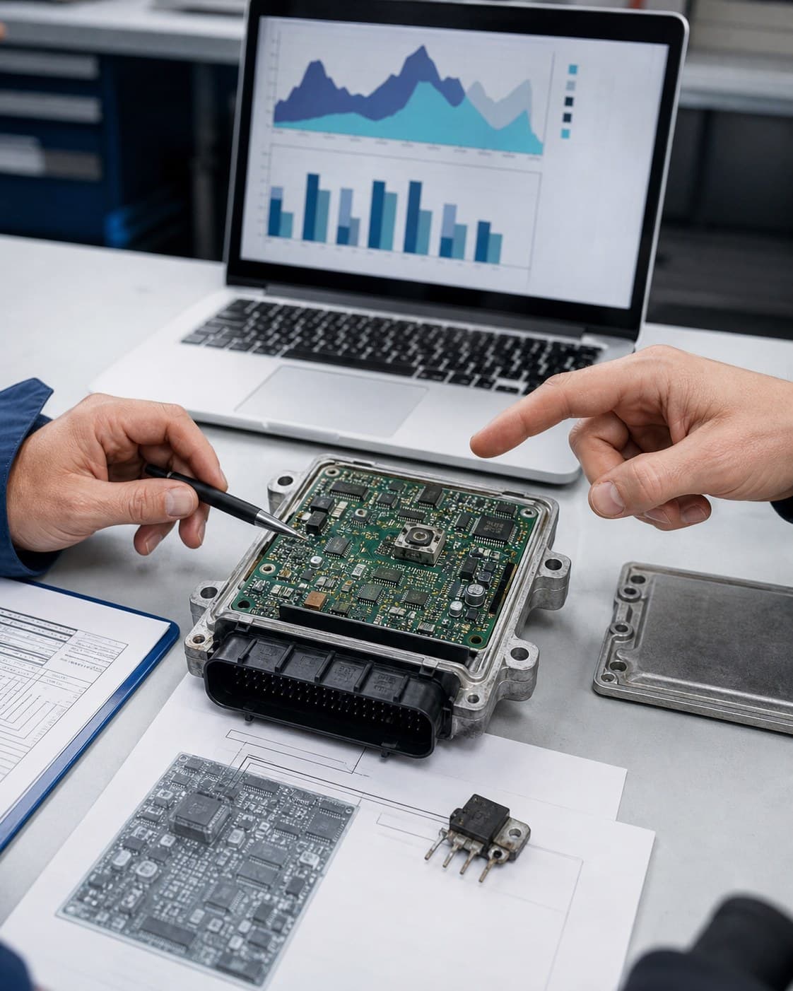Geöffnetes Automotive-Steuergerät mit Schadteil und zugehörigen Felddaten in einer technischen Analyse