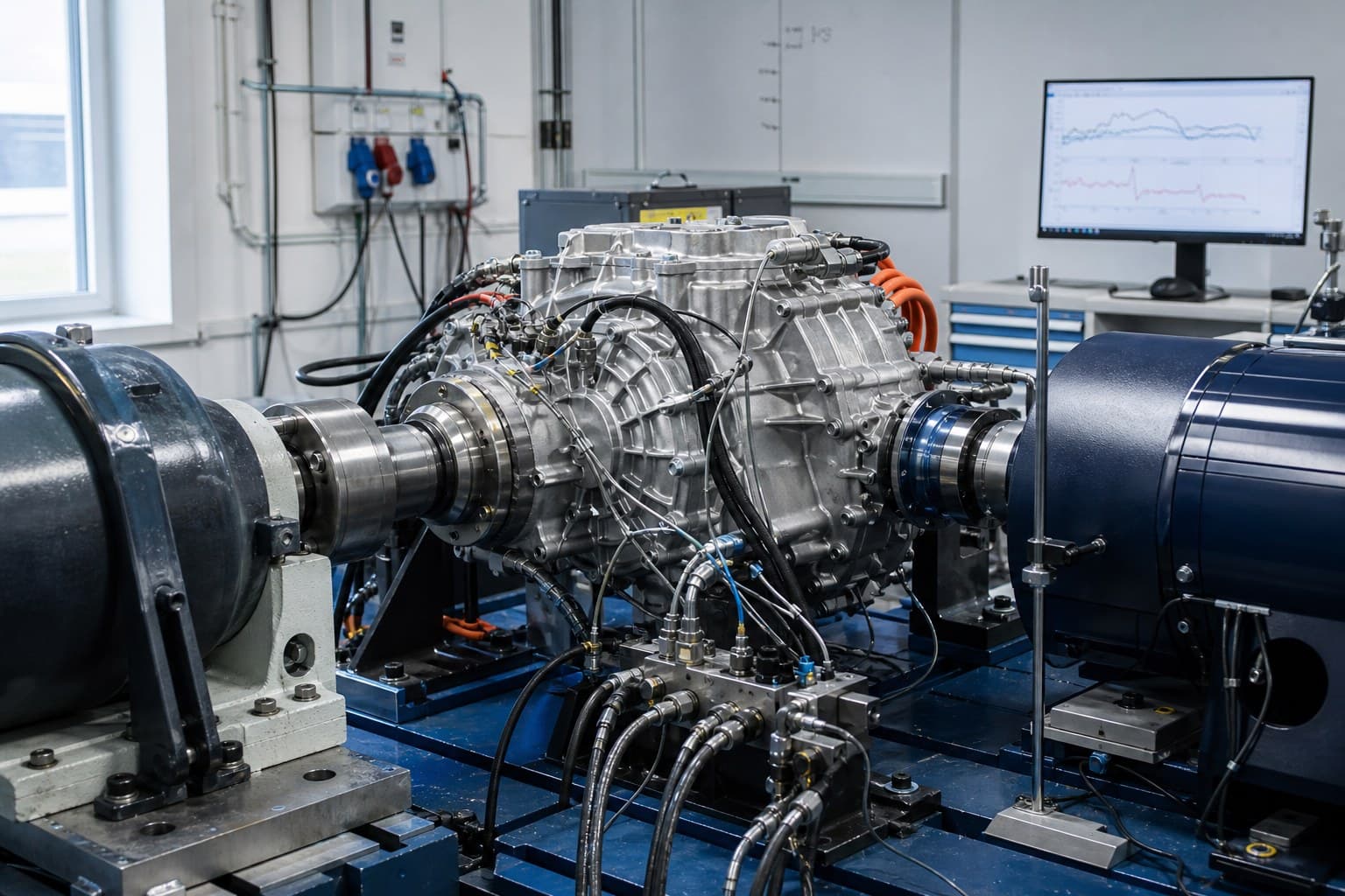 Instrumentierte elektrische Achse auf einem Prüfstand mit Mess- und Auswertungstechnik