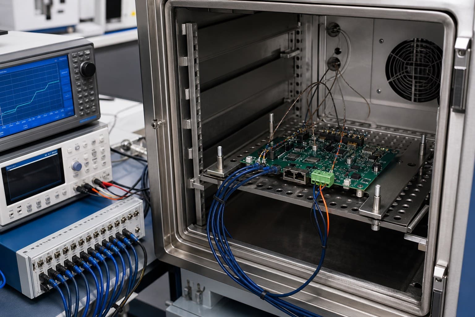 Elektronische Baugruppe in einer Klimakammer mit angeschlossener Mess- und Loggingtechnik