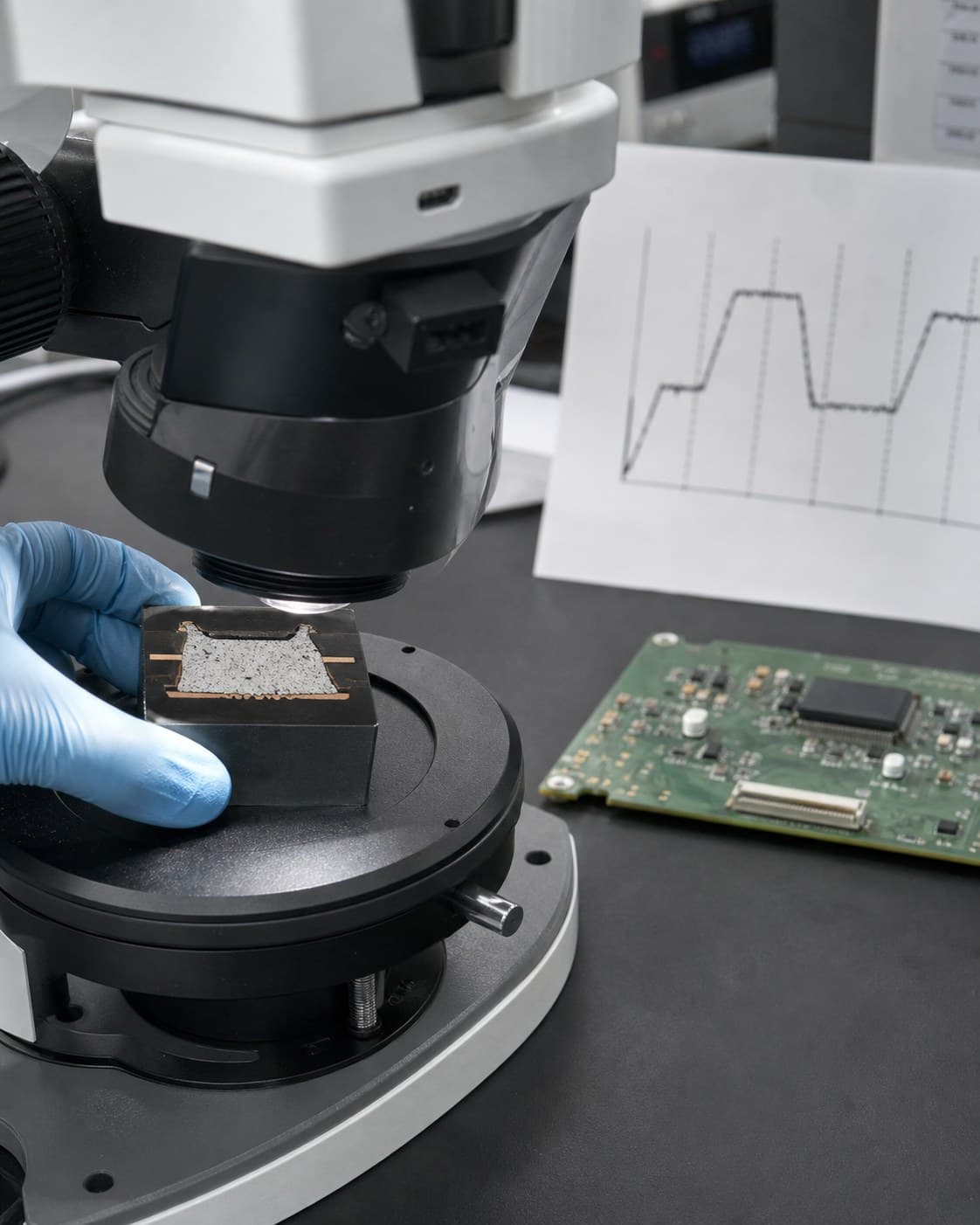 Mikroskopische Analyse einer Lötstelle neben Temperaturwechselprofil und Prüfprotokoll