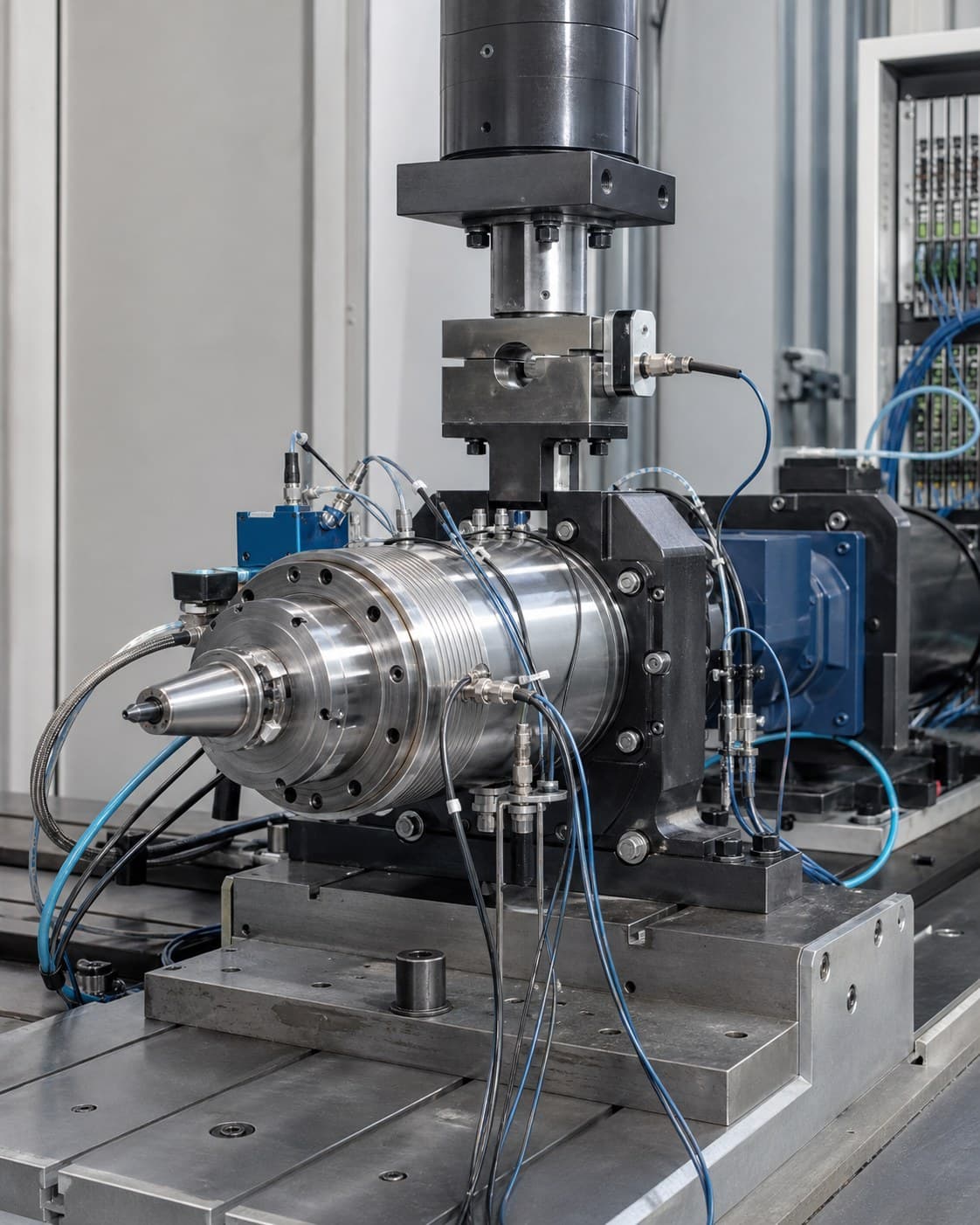 Instrumentierte Werkzeugmaschinenspindel auf einem Prüfstand mit Kraft-, Temperatur- und Schwingungssensorik