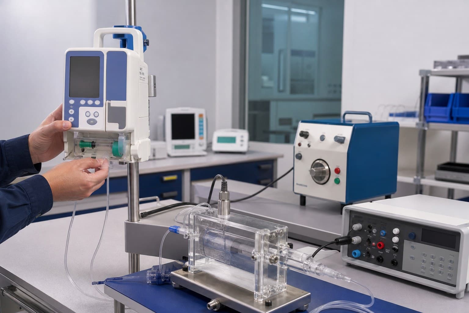 Infusionspumpe in einer Testumgebung mit Evidenzkette aus Dosierfunktion, Sensor, Softwarealarm und Verifikation