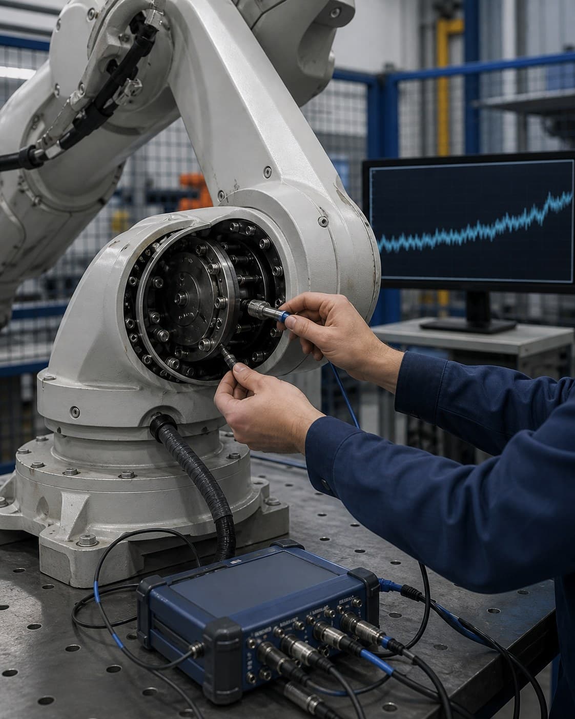 Roboterachse mit Schwingungs- und Strommessung sowie einem ansteigenden Degradationstrend