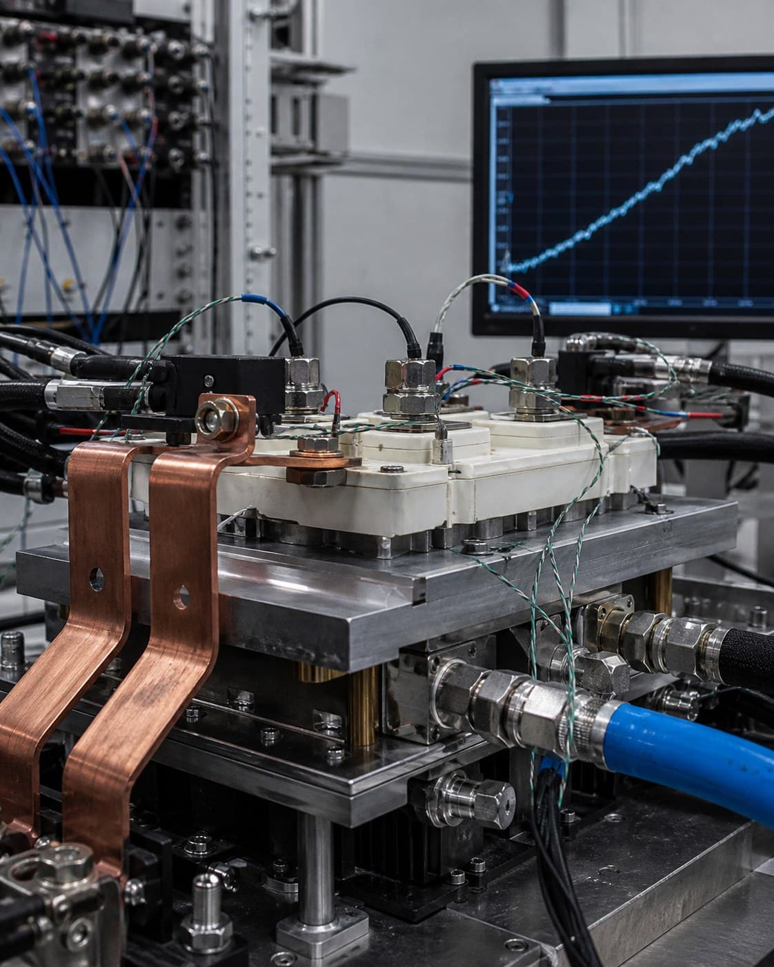 Leistungshalbleitermodul im Power-Cycling-Prüfstand mit Temperaturmessung und Degradationstrend