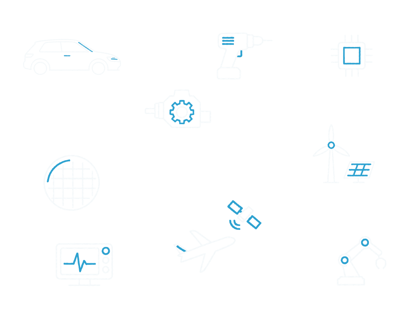 Neun minimalistische Piktogramme für Automotive, Maschinenbau, Elektronik, Halbleiter, Consumer-Technik, erneuerbare Energien, Medizintechnik, Luft- und Raumfahrt und Produktionstechnik