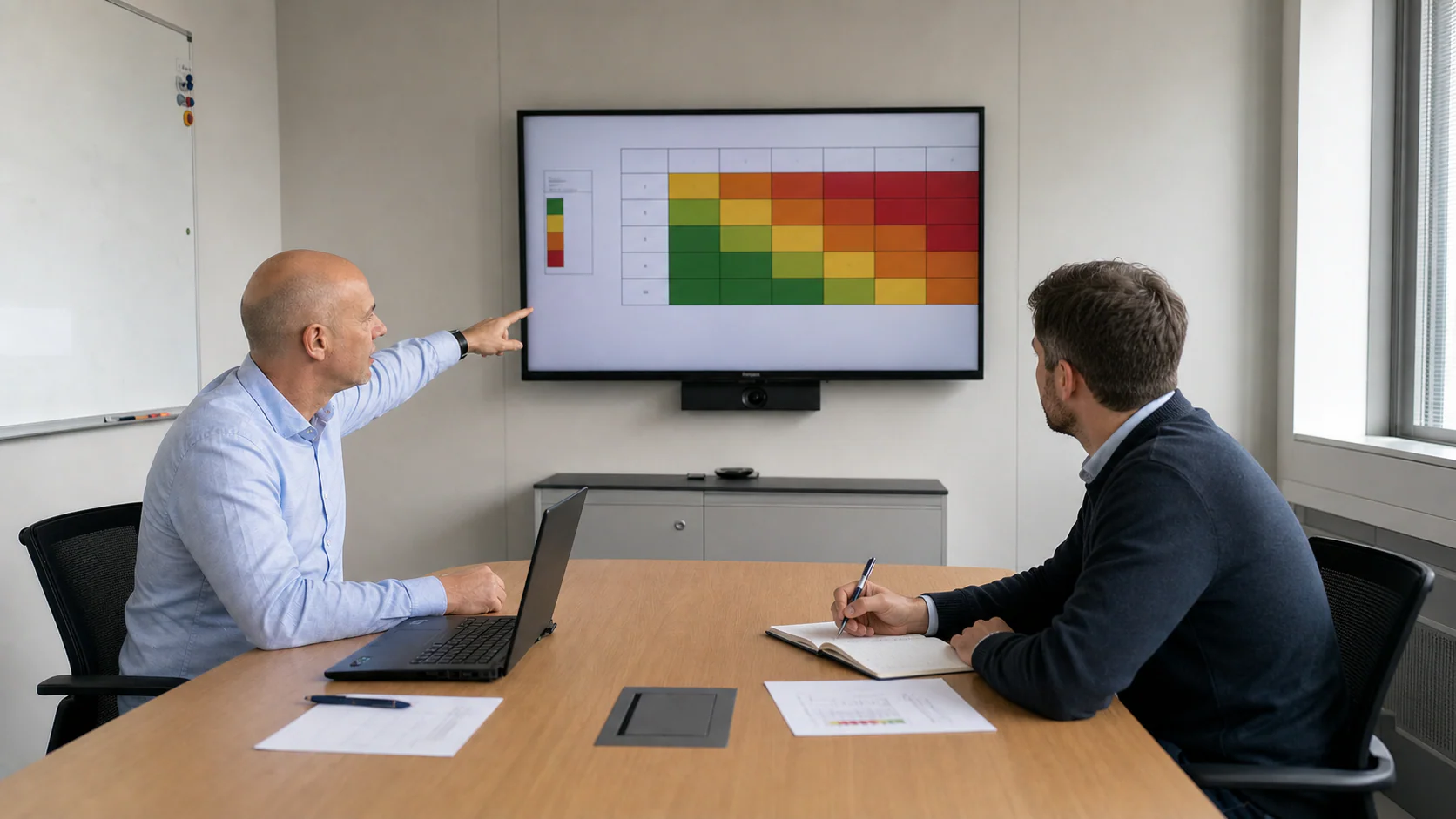 Zwei Ingenieure besprechen eine technische Risikomatrix