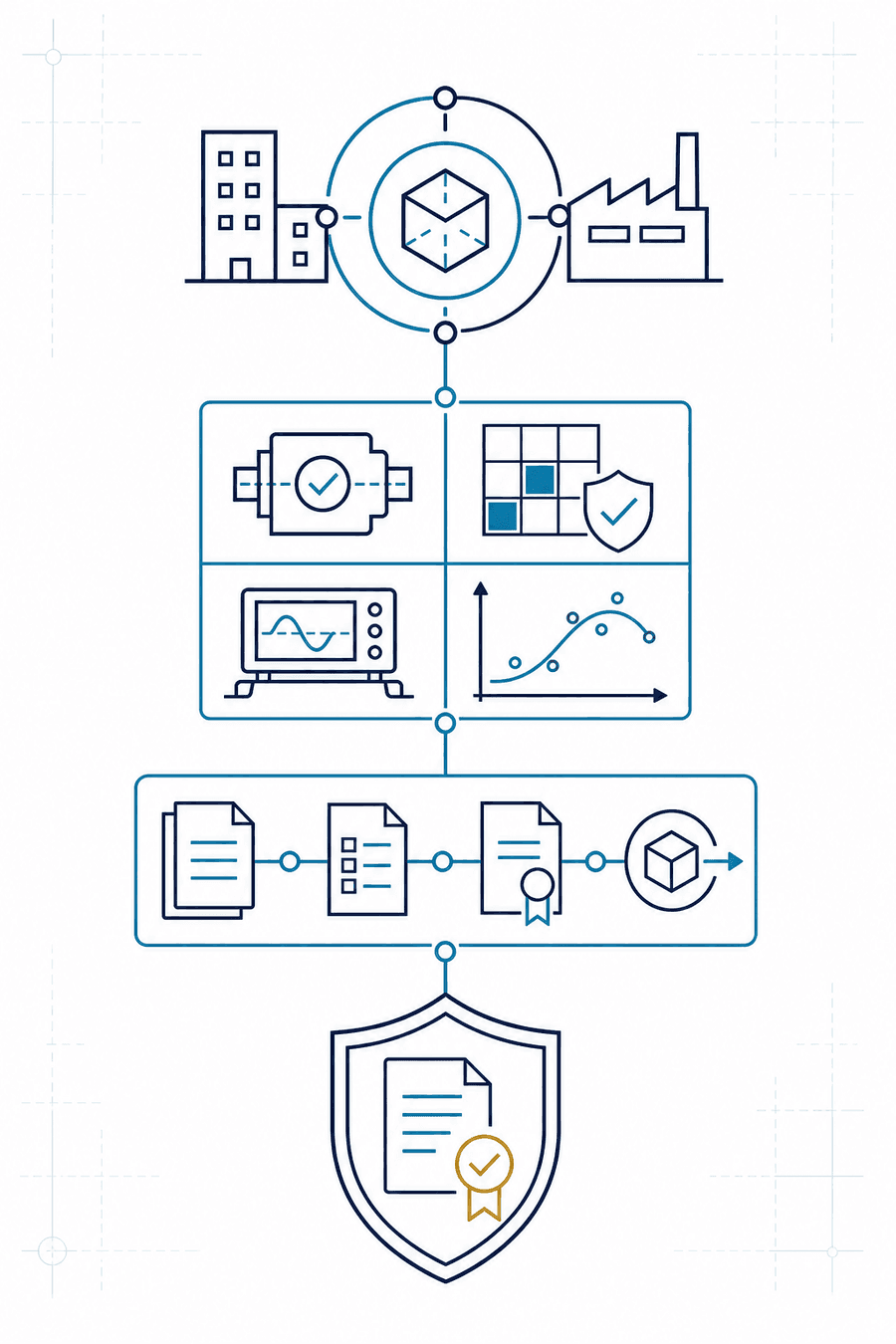 Systemgrafik einer Engineering-Partnerschaft mit Zuverlässigkeitstechnik, Risikomanagement, Test, Datenanalyse, Dokumentation und Rechtssicherheit