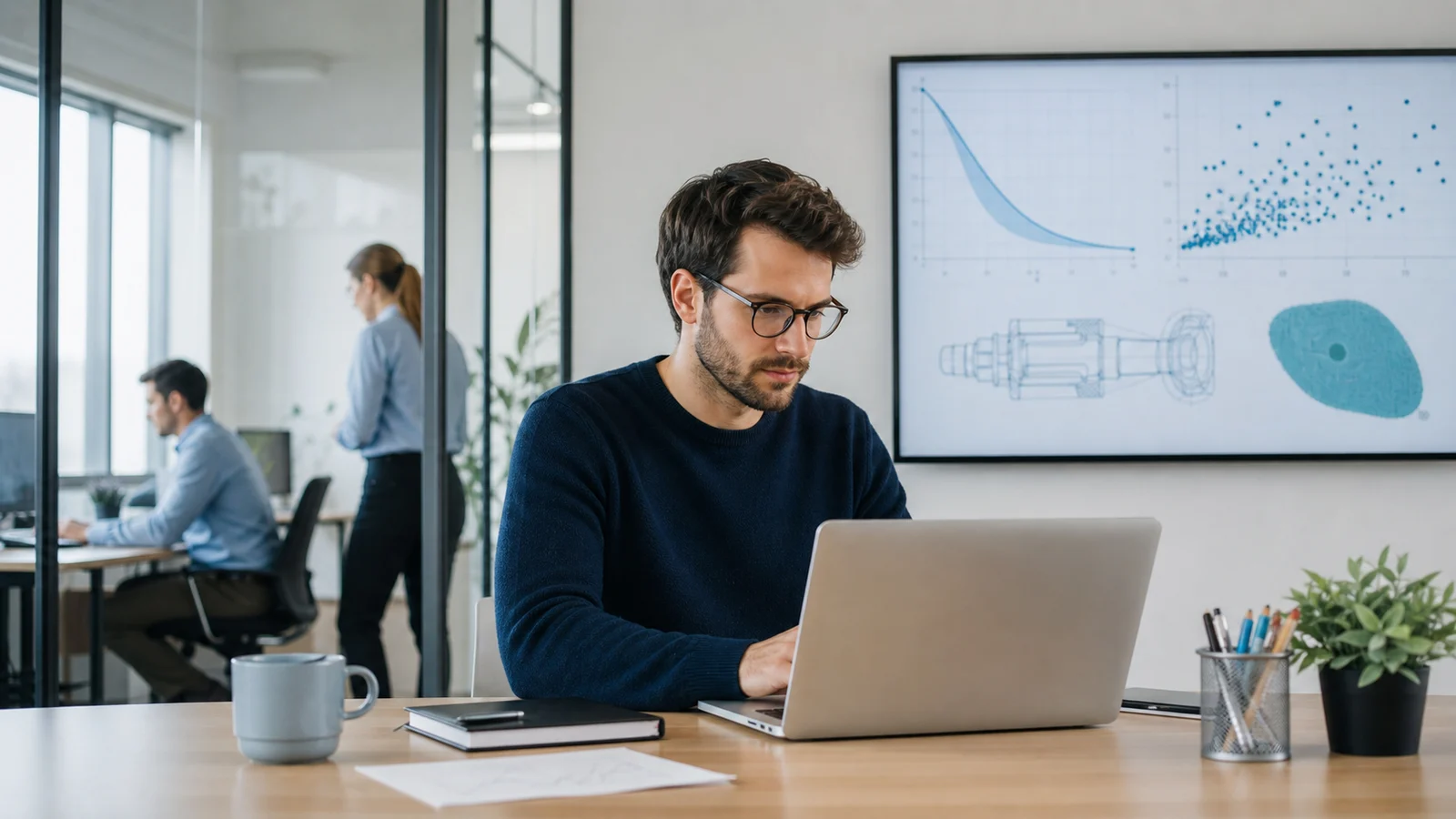 Ingenieur beim digitalen E-Learning zur Zuverlässigkeitstechnik mit technischen Zuverlässigkeitsdiagrammen