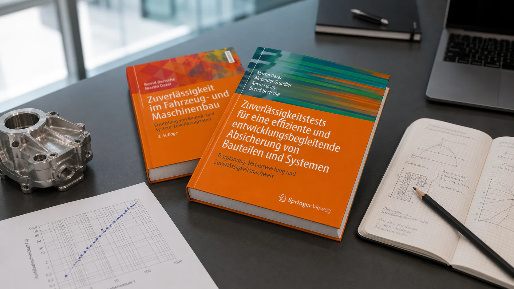 Beide RelTest Springer-Fachbücher auf einem Arbeitstisch mit technischen Notizen