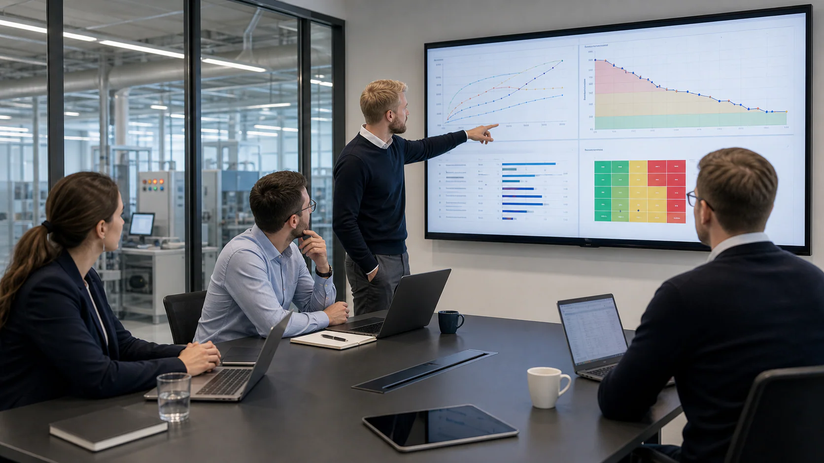 Technisches Meeting mit Zuverlässigkeitsdashboard, Risikomatrix und Projektdaten