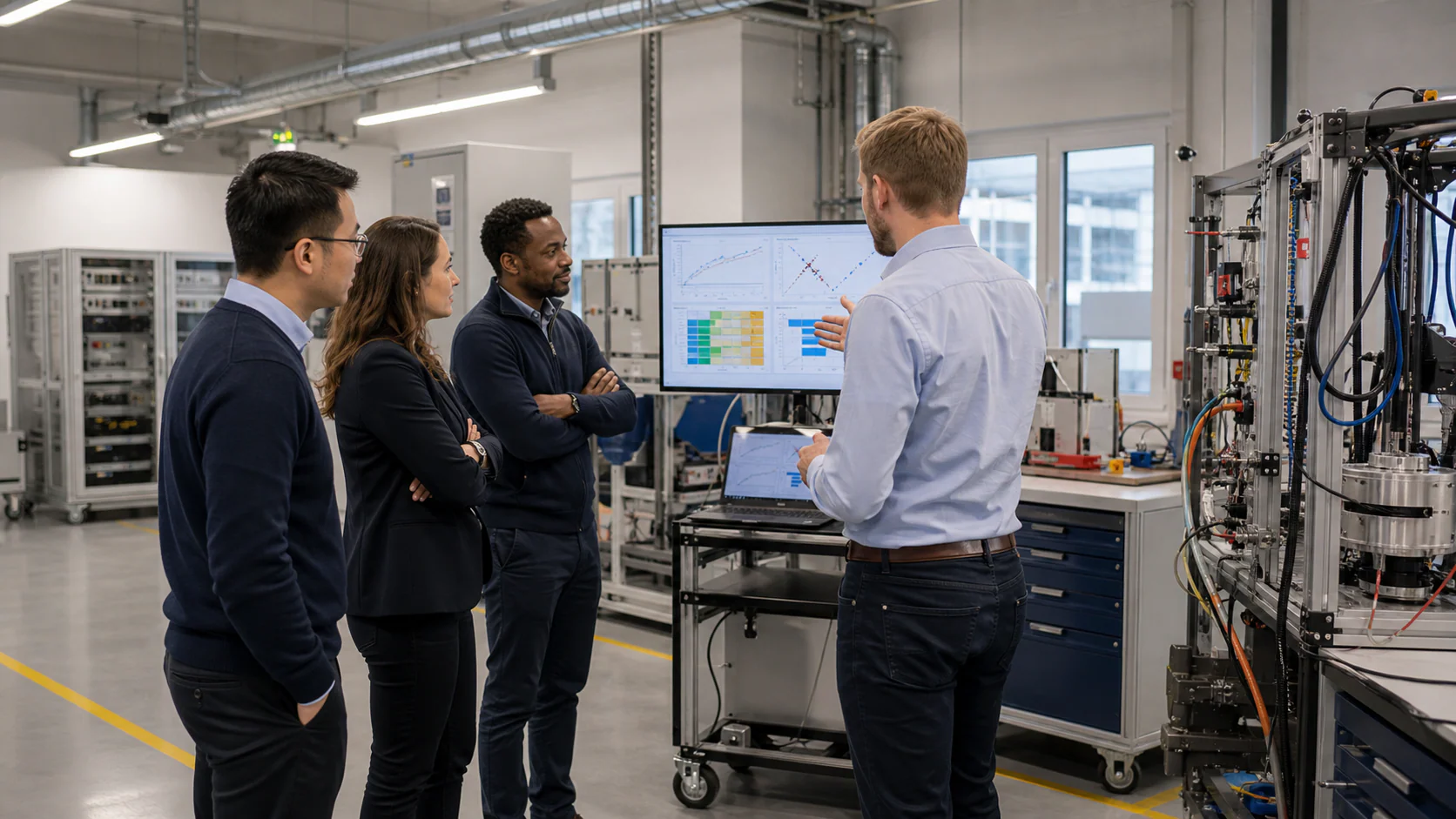 Ingenieurteam bei der Analyse eines industriellen Prüfsystems